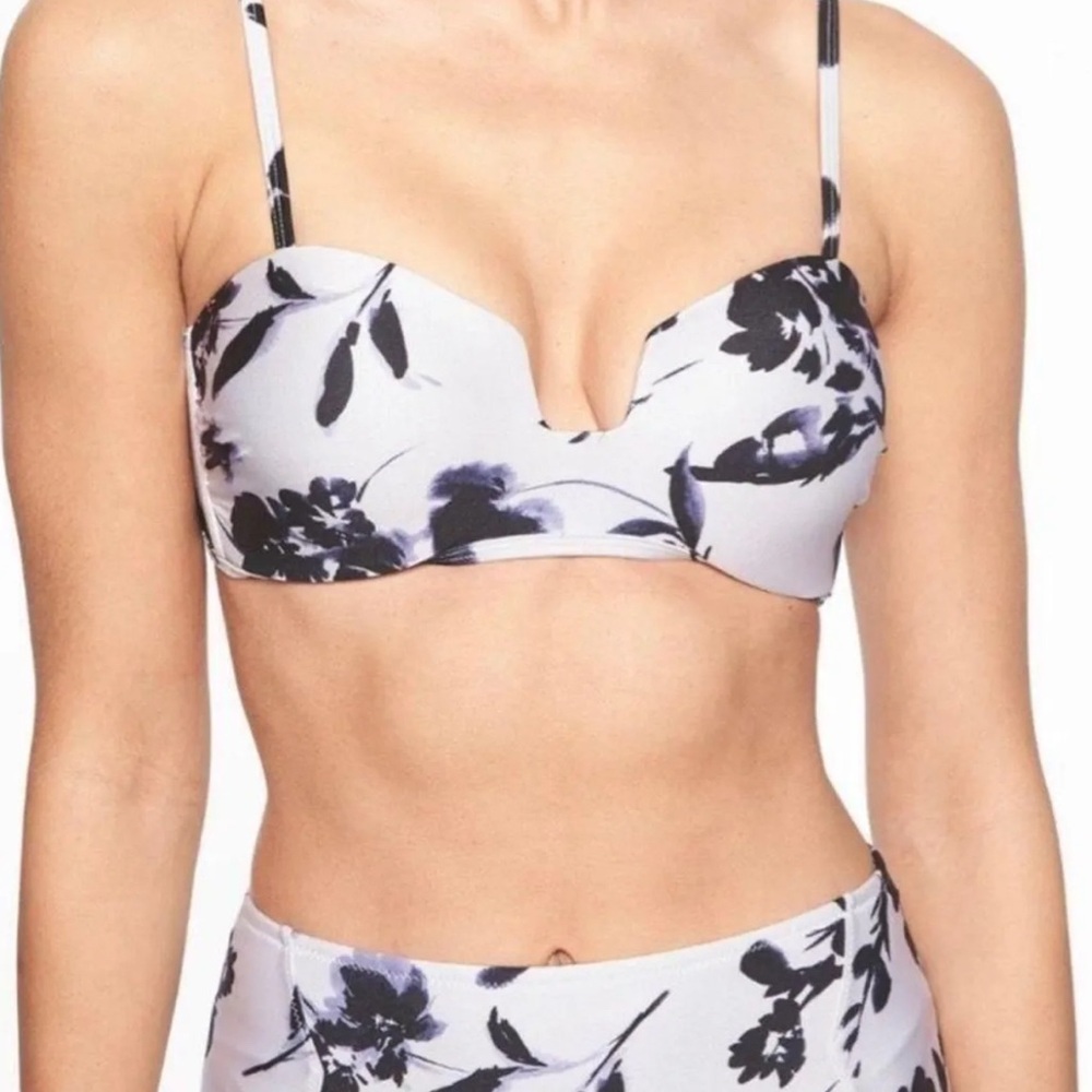 Athleta White and Black Floral V-Wire Bikini Top and Bottom Set, Size S